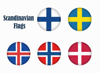 Scandinavia bayraklar daire şekli, İskandinav kuzey eyaletleri, Kuzey ülkeleri simgeler afiş. 