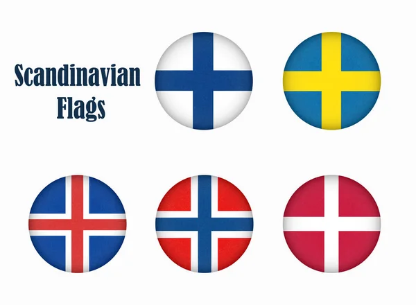 Scandinavia bayraklar daire şekli, İskandinav kuzey eyaletleri, Kuzey ülkeleri simgeler afiş. 
