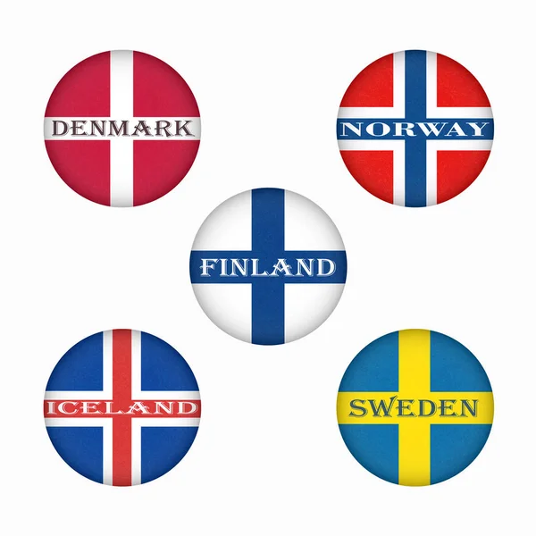 Zászlók, skandináv, kör alakú, a skandináv északi államok, a skandináv országokban bannerek ikonok. — Stock Fotó