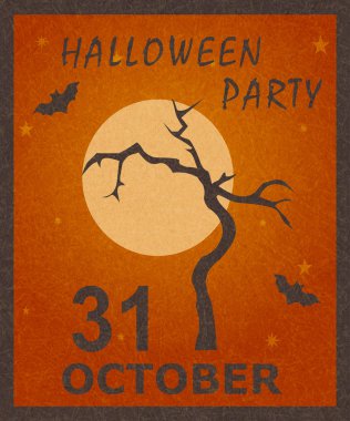 Dolunay arka planda kuru ağaç ve yarasalar. Mutlu Cadılar Bayramı şık renkli illüstrasyon. 