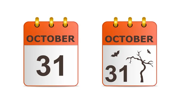 Halloween em ícones de calendário em versões diferentes. Data na folha de calendário 31 de outubro. Árvore seca e morcegos . — Vetor de Stock