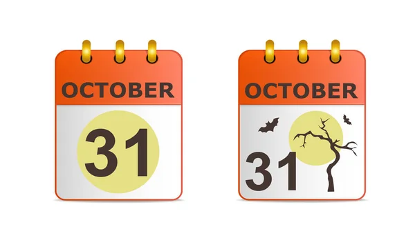Halloween em ícones de calendário em versões diferentes. Data na folha de calendário 31 de outubro. Árvore seca contra lua amarela . — Vetor de Stock