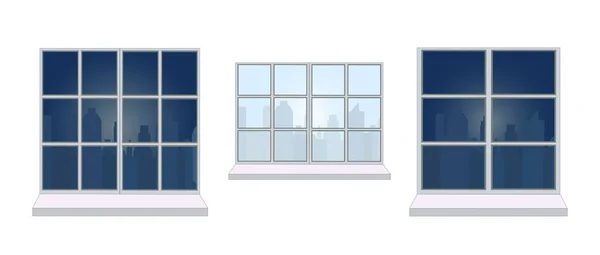 Çeşitli pencere çerçevelerinin vektör kümesi, pencereden görünüm - şehrin farklı siluetleri gündüz ve gece. — Stok Vektör