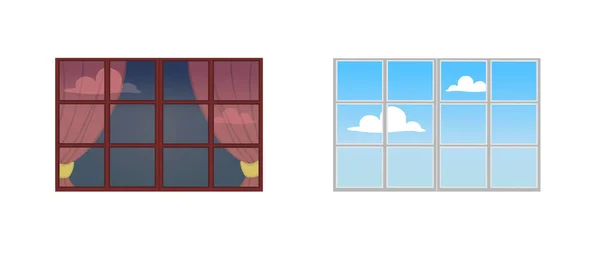 窓枠のセット、ガラスの晴れた日の反射、雲と空の窓からの眺め. — ストックベクタ