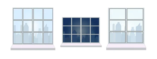 Conjunto vectorial de varios marcos de ventanas, vista desde la ventana - diferentes siluetas de la ciudad día y noche . — Vector de stock