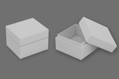 Arkaplanda açık ve gizli hediye kutusu paketleme seti izole edildi. 3d oluşturma.