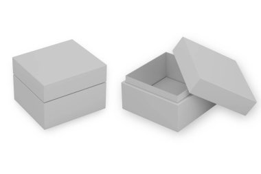 Arkaplanda açık ve gizli hediye kutusu paketleme seti izole edildi. 3d oluşturma.