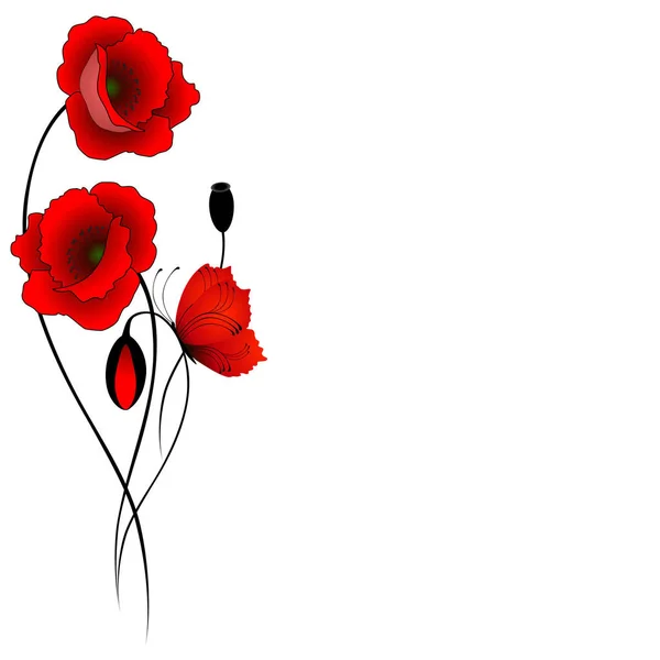 Coquelicots Rouges Avec Papillon Isolé Sur Fond Blanc — Image vectorielle