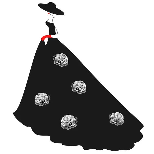 Une Fille Avec Chapeau Une Longue Robe Noire Avec Des — Image vectorielle