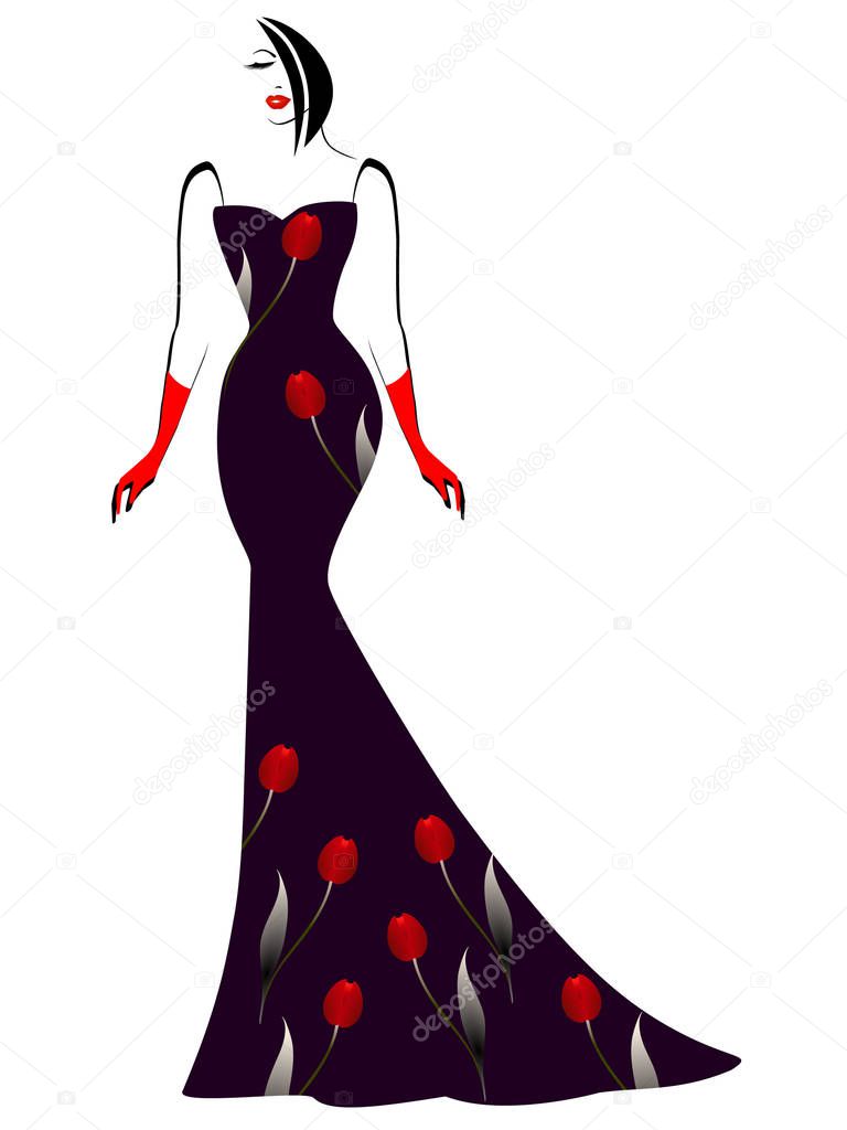 Girl in a long black dress with red tulips.