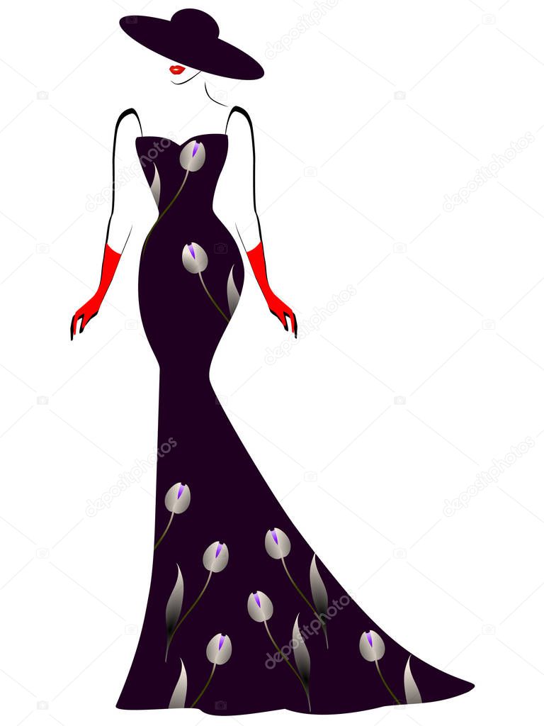 A girl in a long black dress with tulips.