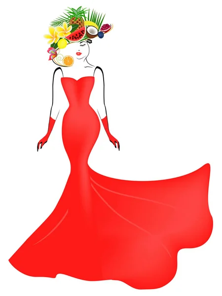 長い赤いドレスとフルーツと帽子の女の子 — ストックベクタ