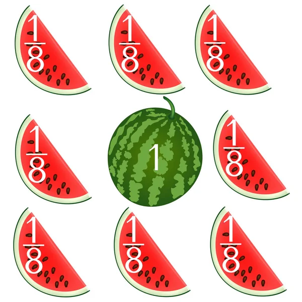Wiskundige Spelletjes Voor Kinderen Studie Breuken Getallen Bijvoorbeeld Met Watermeloenen — Stockvector