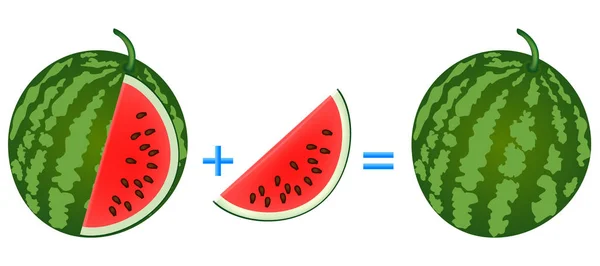 Relatie Van Actie Van Toevoeging Voorbeelden Met Watermeloen Educatief Spel — Stockvector
