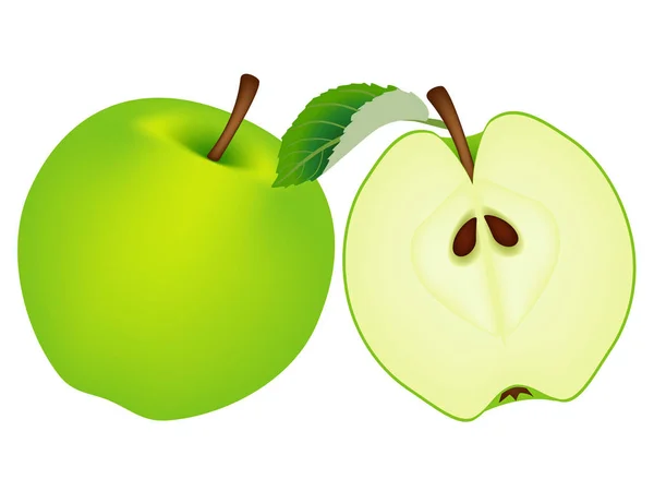 Celé Zelené Jablko Polovina Izolované Bílém Pozadí — Stockový vektor