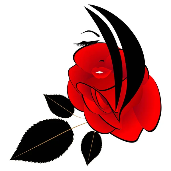 一个红玫瑰和黑叶子女孩的肖像 — 图库矢量图片