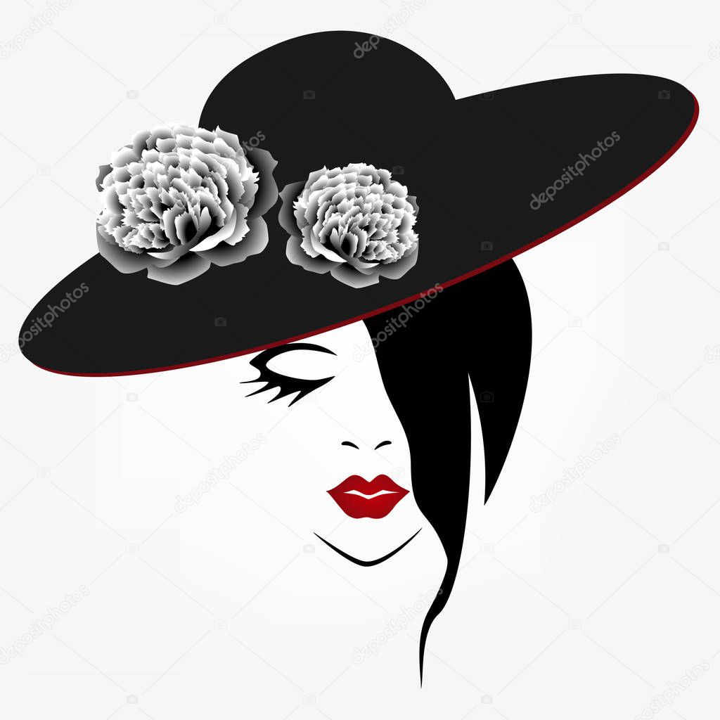 Girl in hat with flowers, element for design.
