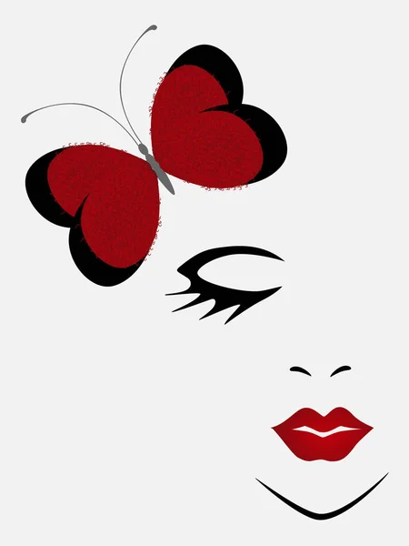Gesicht Eines Mädchens Mit Einem Roten Schmetterling Auf Weißem Hintergrund — Stockvektor