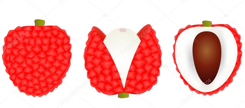 Set fresh lychee the skin is cut, whole, cut in half, with bone isolated on white background.