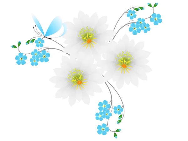 Beyaz Mavi Çiçekler Bir Kelebek Ile Arka Plan — Stok Vektör