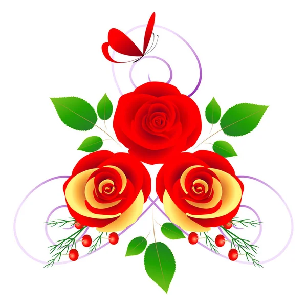 Strauß Roter Rosen Mit Einem Schmetterling Auf Weißem Hintergrund — Stockvektor