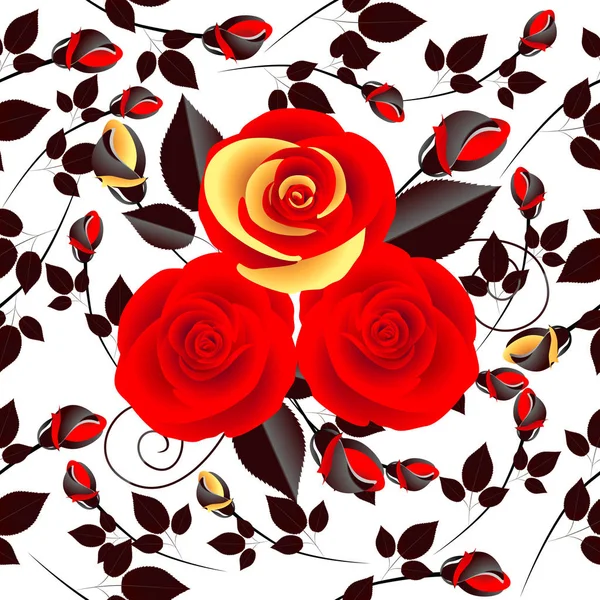 Ramo Rosas Rojas Sobre Fondo Blanco Patrón Sin Costuras — Vector de stock