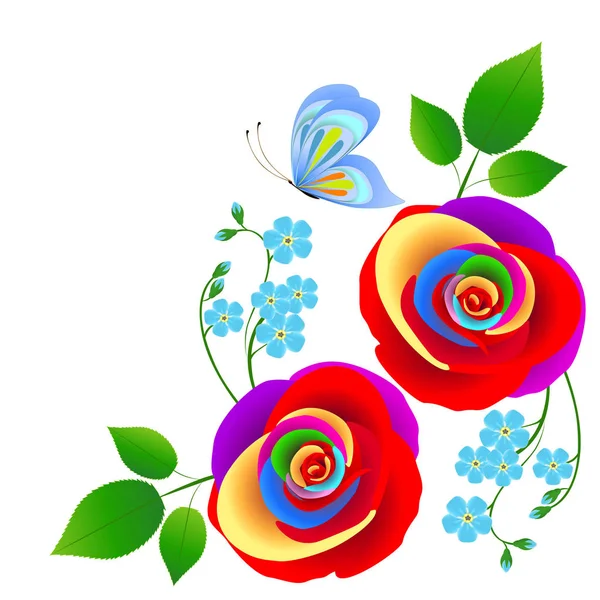 Blumen Abstrakten Hintergrund Mit Bunten Rosen Und Einem Schmetterling — Stockvektor