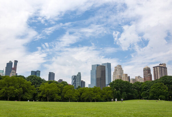 New York City, USA - June 6, 2010: People relaxing at the Central Park with the New York skyline in the background, in the city of New York, USA.