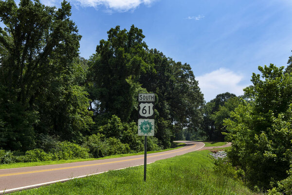 A Great River Road Sign along the US Route 61 near the city of Vicksburg, in the State of Mississippi; Concept for travel in America and road trip in America