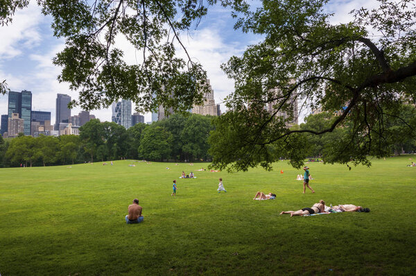 New York City, USA - June 6, 2010: People enjoying a sunny day at the Central Park with the New York skyline in the background, in the city of New York, USA.