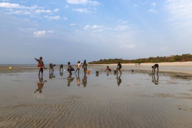 Orango Adası, Gine-Bissau 2 Şubat 2018: İstiridye toplama ve gün batımında Orango ada Beach'de oynayan çocukların Grup.