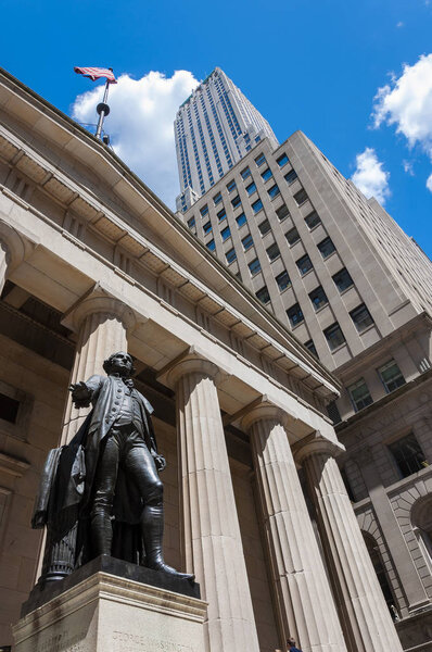 The statue of George Washington in front of the Federal Hall in Wall Street, New York City, USA.