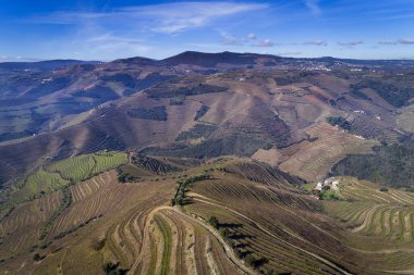 Teraslı üzüm bağları Douro Valley yakınındaki Pinhao Köyü, Portekiz Hava görünümünü; Kavram Portekiz seyahat ve Portekiz en güzel yerleri