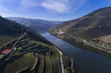 Teraslı üzüm bağları Douro Valley ve nehir kenarında Pinhao Köyü, Portekiz Hava görünümünü; Kavram Portekiz seyahat ve Portekiz en güzel yerleri
