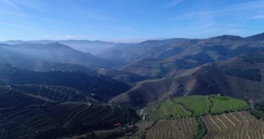 Teraslı üzüm bağları Douro Valley yakınındaki Pinhao Köyü, Portekiz Hava görünümünü; Kavram Portekiz seyahat ve Portekiz en güzel yerleri
