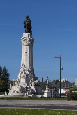 Lisbon, Portekiz - 16 Şubat 2019: Marques de Pombal heykel, Portekiz'in Lizbon kentinde