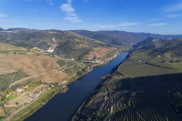 Vista Aérea Panorâmica Vale Douro Rio Com Vinhas Terraços Perto — Fotografia de Stock