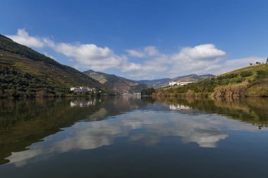 Portekiz'de teraslı üzüm bağları ve Douro Nehri ve Douro Vadisi ile Pinhao köyünün manzara görünümü; Portekiz ve Portekiz'de en güzel yerlerde seyahat için Kavram
