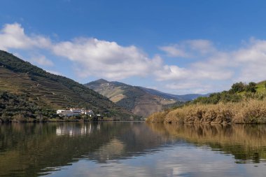 Portekiz'de teraslı üzüm bağları ve Douro Nehri ve Douro Vadisi ile Pinhao köyünün manzara görünümü; Portekiz ve Portekiz'de en güzel yerlerde seyahat için Kavram