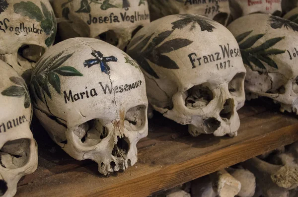 Spooky Old Human Skulls Wooden Shelves — Stock Photo, Image