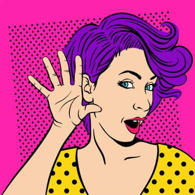 Kadın dedikodu pop sanat tarzı dinlemek çalışıyor kulak, el ile