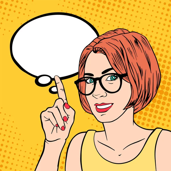 Vrouw Met Brillen Met Opstaan Vinger Pop Art Stijl — Stockvector