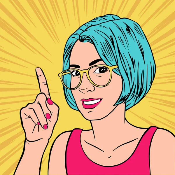 Mujer Con Anteojos Con Dedo Levantado Estilo Pop Art — Vector de stock