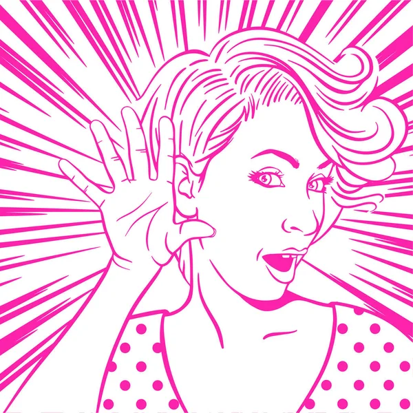 Mujer Con Mano Oído Tratando Escuchar Chismes Estilo Arte Pop — Vector de stock