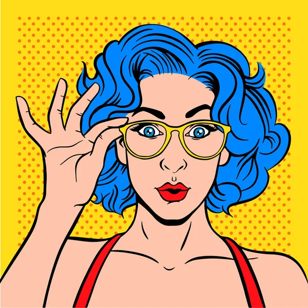 Mujer Tocando Gafas Estilo Pop Art — Vector de stock