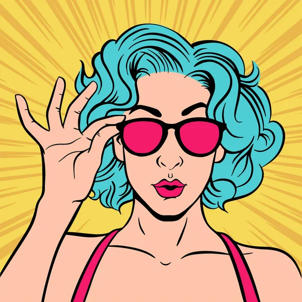 Mujer Tocando Gafas Estilo Pop Art — Vector de stock