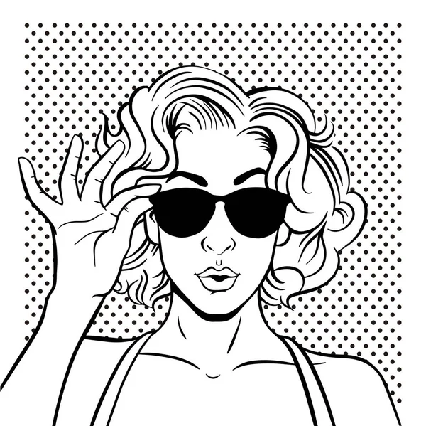 Mujer Tocando Gafas Estilo Pop Art — Vector de stock