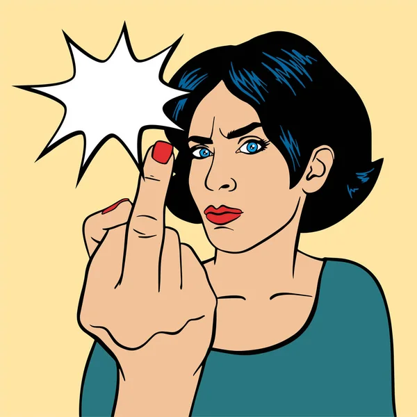 Angry Woman Showing Fuck You Symbol Pop Art Style — Stockvector