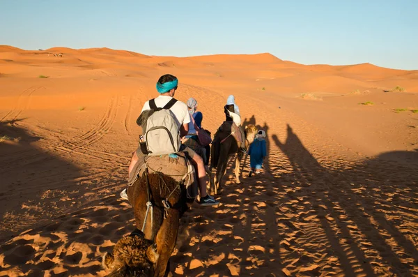Οπίσθια Όψη Των Τουριστών Ιππασία Καμήλες Στην Έρημο Πορτοκαλί Αμμόλοφους — Φωτογραφία Αρχείου