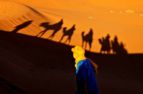 Старий Бедуїн Йде Пустелею Помаранчевими Дюнами Силуетами Людей Їздять Верблюдами — стокове фото